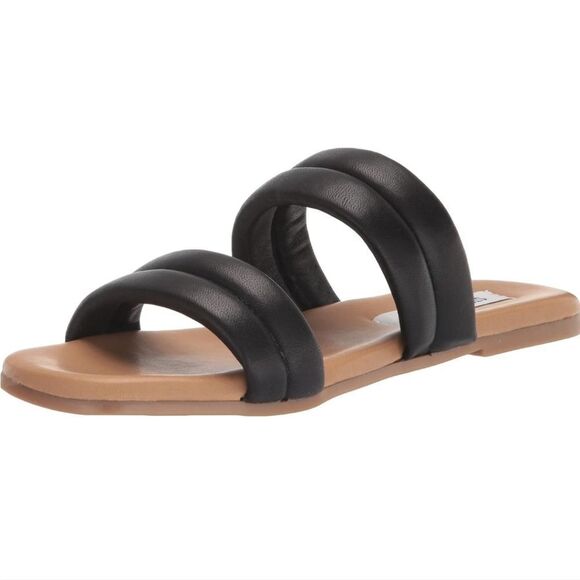 New Steve Madden Womens Wizen Black Leather Straps Sandal brown sole Slip On 8 - Picture 8 of 8